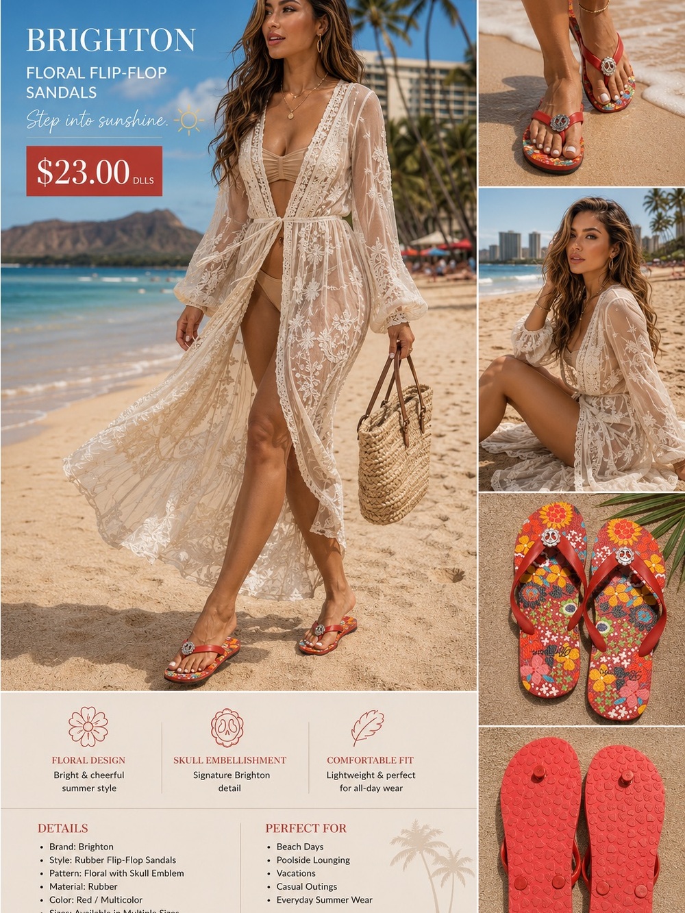 Brighton Red Floral Flip-Flops with Skull Accent